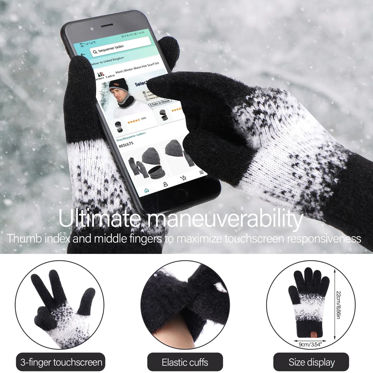 Bequemer Laden Donna Invernale Cappello Berretto Sciarpa e Guanti Touch Screen Set con Fodera in Pile Berretti in Maglia Guanti Scaldacollo