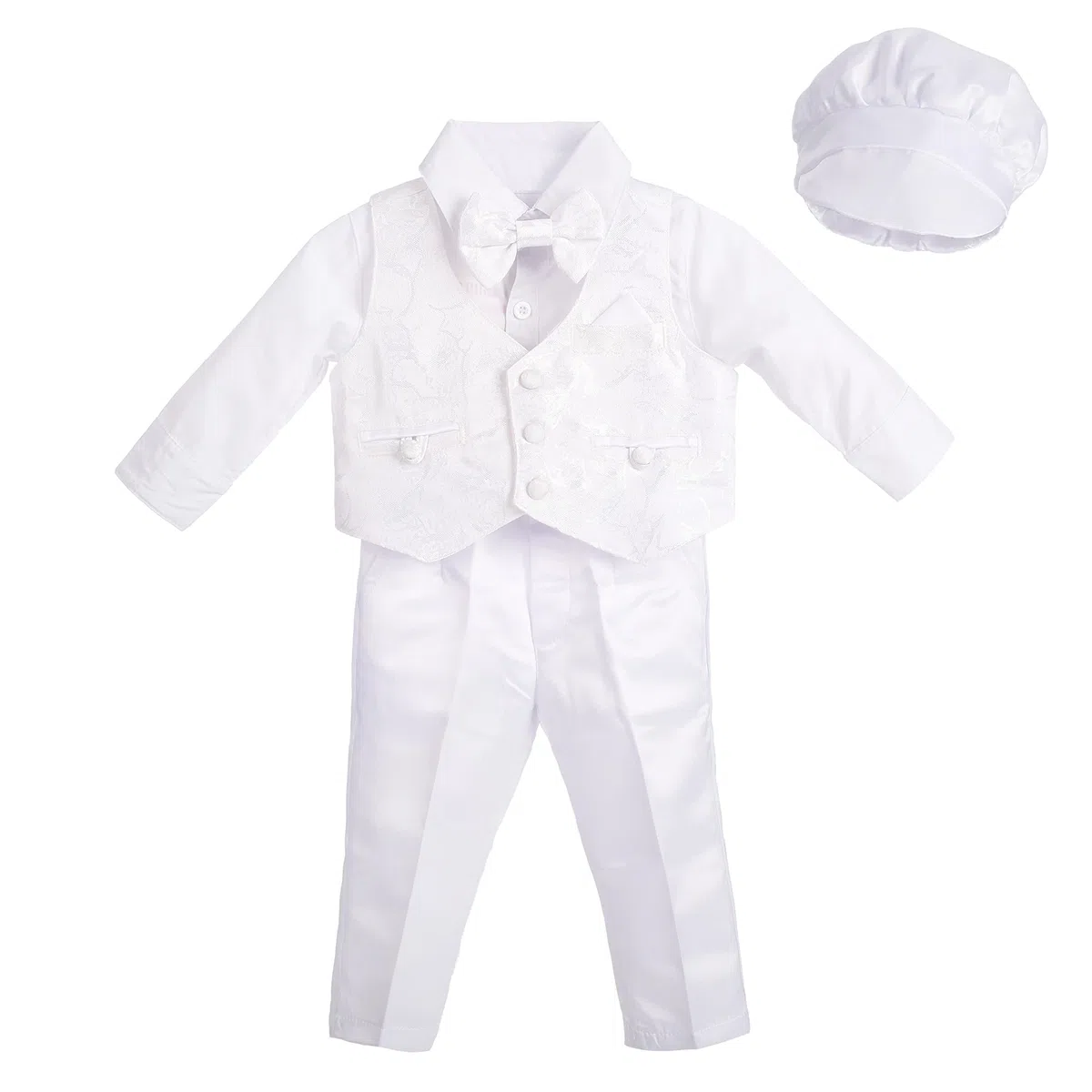 Lito Angels - Completo Abito Bianco da Battesimo per Bimbo, 4 Pezzi Set (Gilet, Camicia, Pantaloni, Papillon e Cappello), Taglia 3-24 Mesi, Manica Lunga, Floreale
