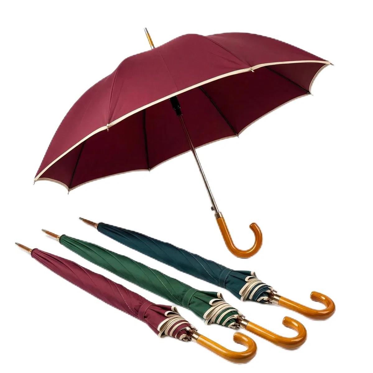 081 Store - 3 PEZZI Ombrello Pioggia Grande Antivento e Automatico con 16 stecche di fibra di vetro, Diametro 115cm, Tessuto Resistente e Manico in Legno