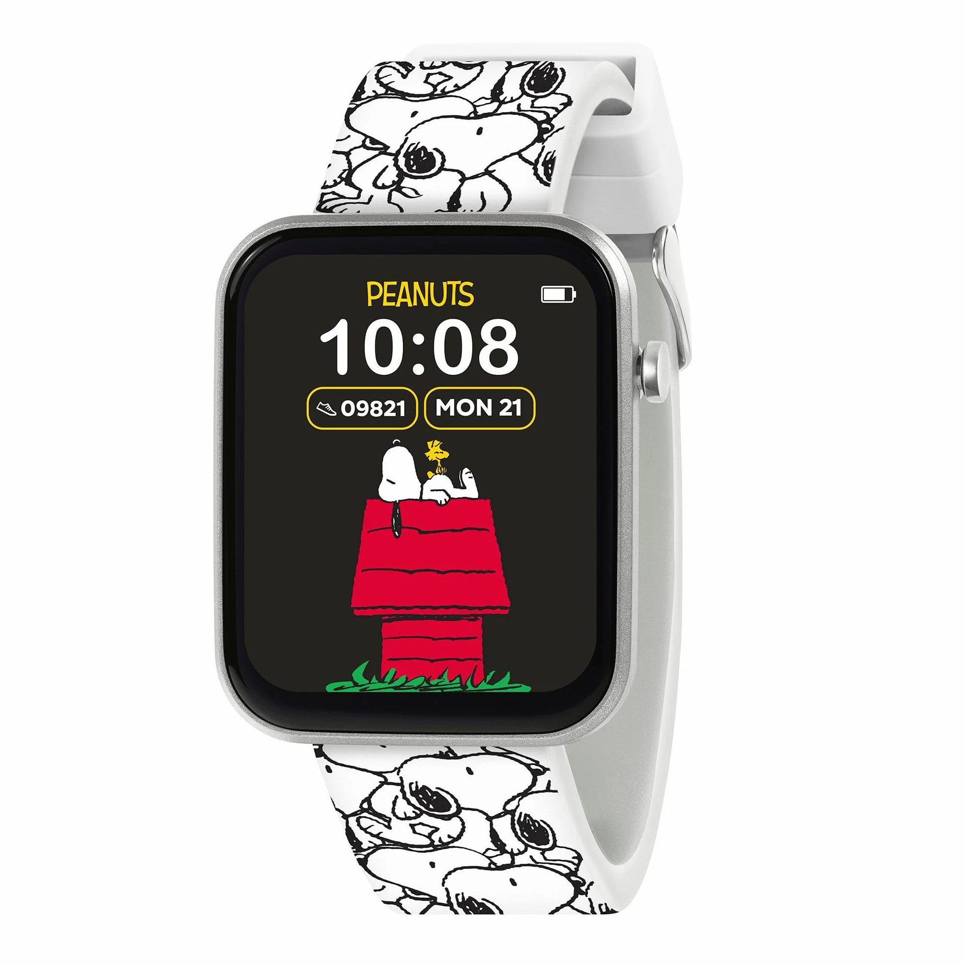 Accutime - Orologio intelligente interattivo Peanuts Snoopy per bambini con cinturino stampato bianco