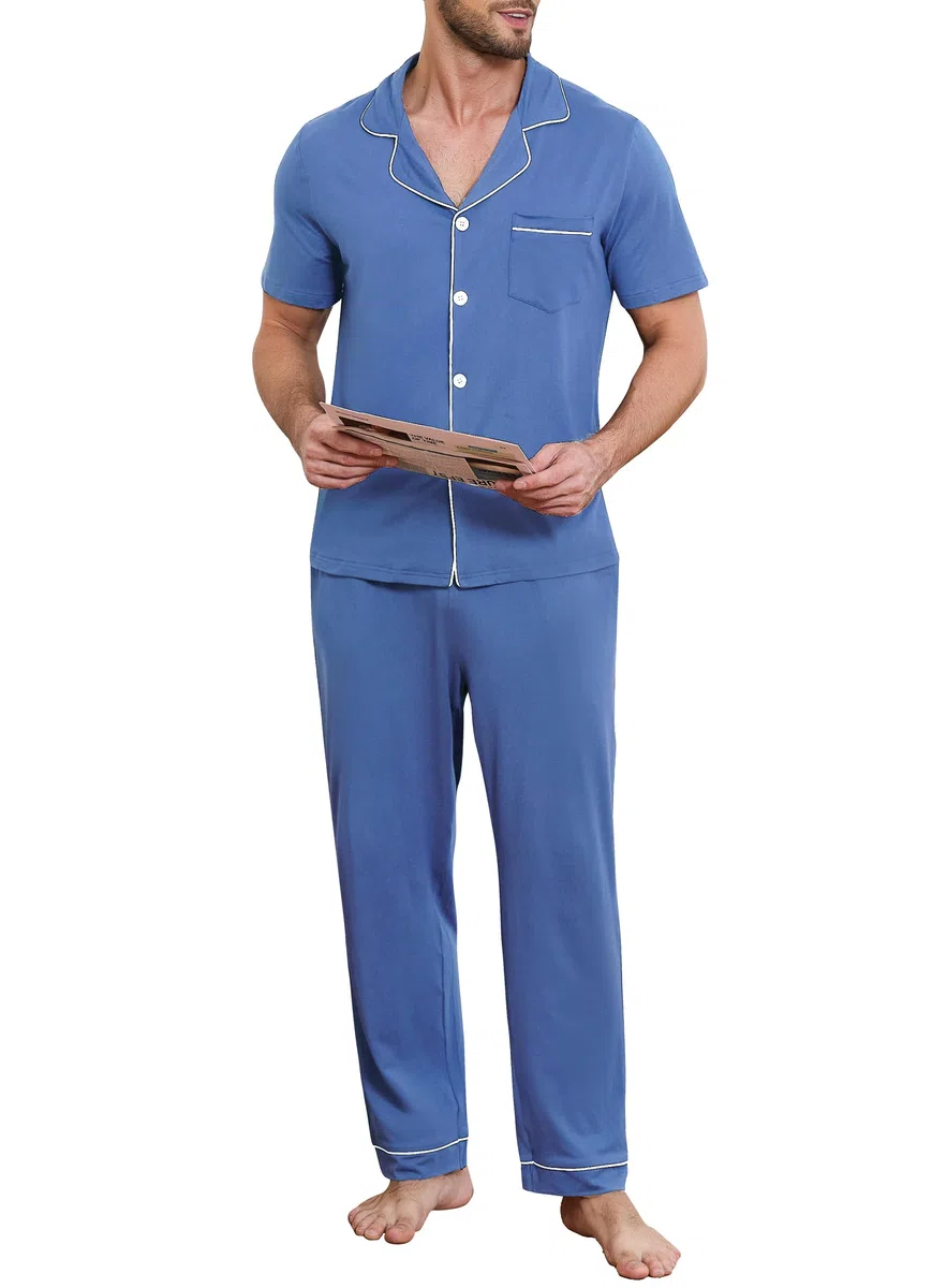 Lovasy Pigiama Uomo Cotone Set Lungo Pigiama Camicia con Bottoni sul Bavero Comodo Pantaloni Lunghi Traspiranti Pigiama da Casa Casual in Due Pezzi S-XXL