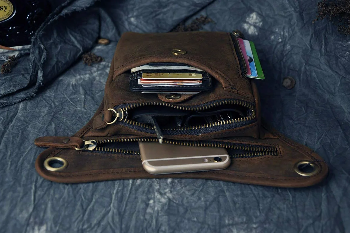 Le'aokuu Uomini Vera Pelle Marsupio per Moto Borsa a Tracolla Messenger a Spalla sacco di bum borsa dell'anca per gambe coscia 211-5