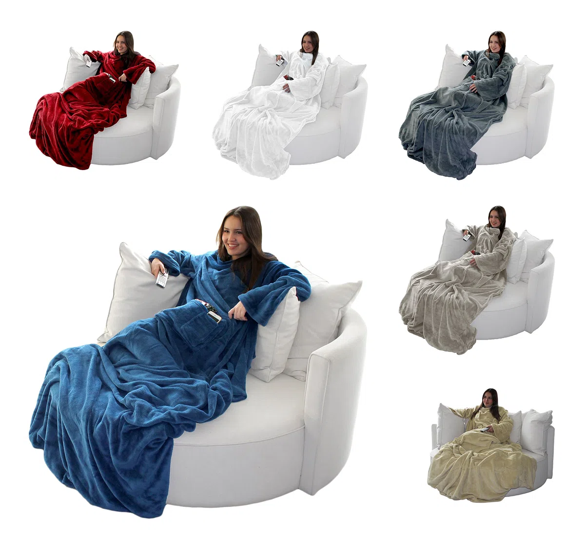 Brandsseller - Coperta per TV morbida con maniche a effetto cashmere, sacca copri piedi e 2 tasche, 150 x 180 cm, grigio tortora