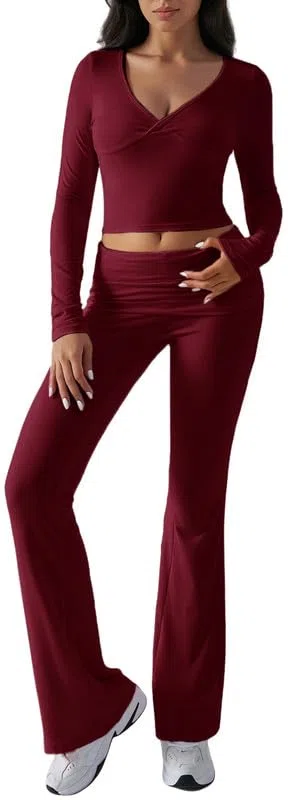 Tuta Donna Casual 2 Pezzi Completo Sportivo Maniche Lunghe Crop Top e Pantaloni a Zampa Tute Scollo a V Slim Fit Lounge Set Elegante per Yoga Palestra Fitness Jogging Outfit Y2K Streetwear