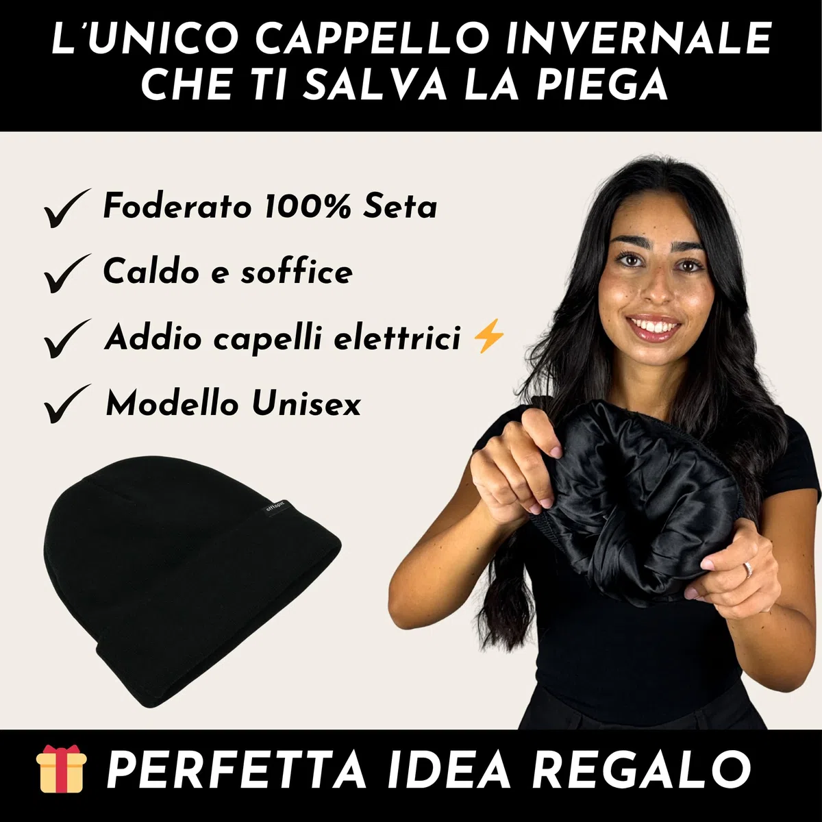 Offtopic® Cappello Invernale Donna Uomo Interno 100% Seta per Capelli Sempre in Ordine | Berretto Cuffia Salva Piega e Anticrespo | Elegante Idea Regalo Unica