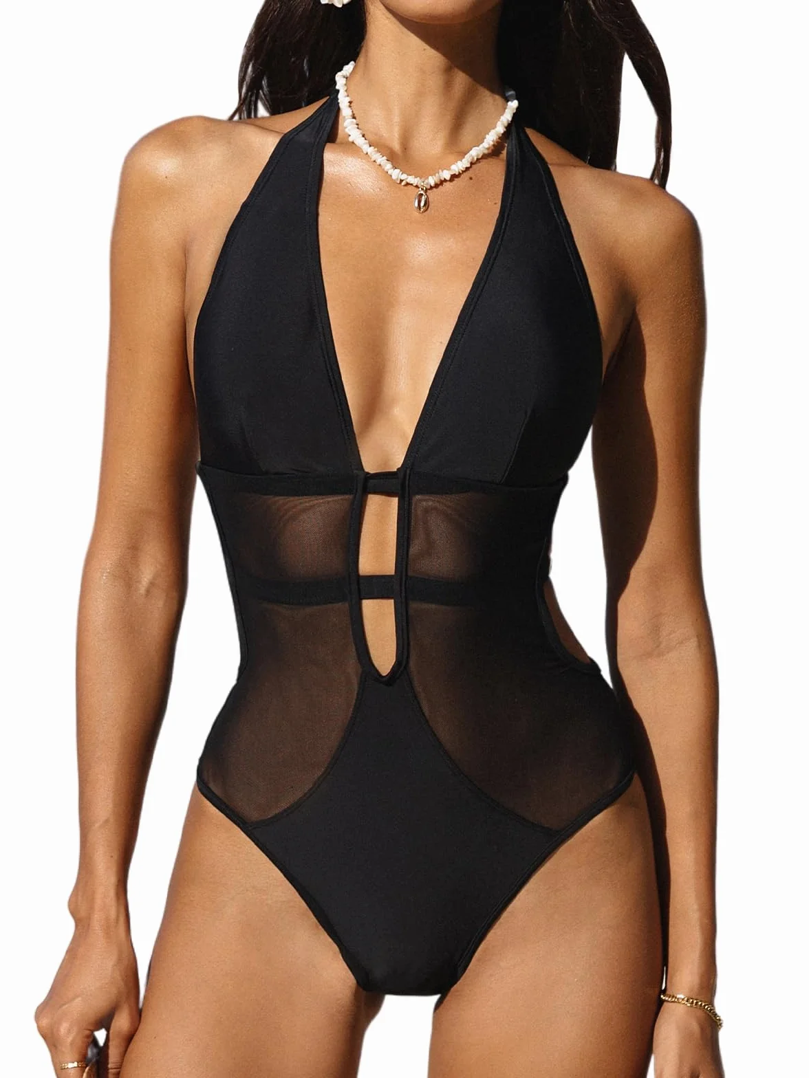 CUPSHE Costume da bagno intero da donna con scollo a V profondo e allacciatura posteriore in rete