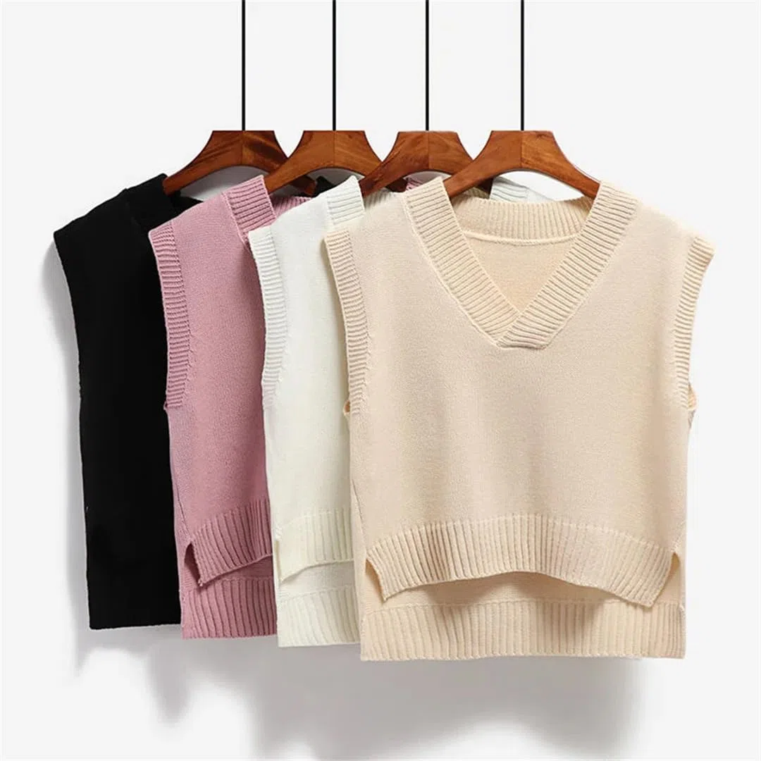 Maglione in cotone da donna Gilet con scollo a V Maglia Maglia tinta unita Pullover senza maniche
