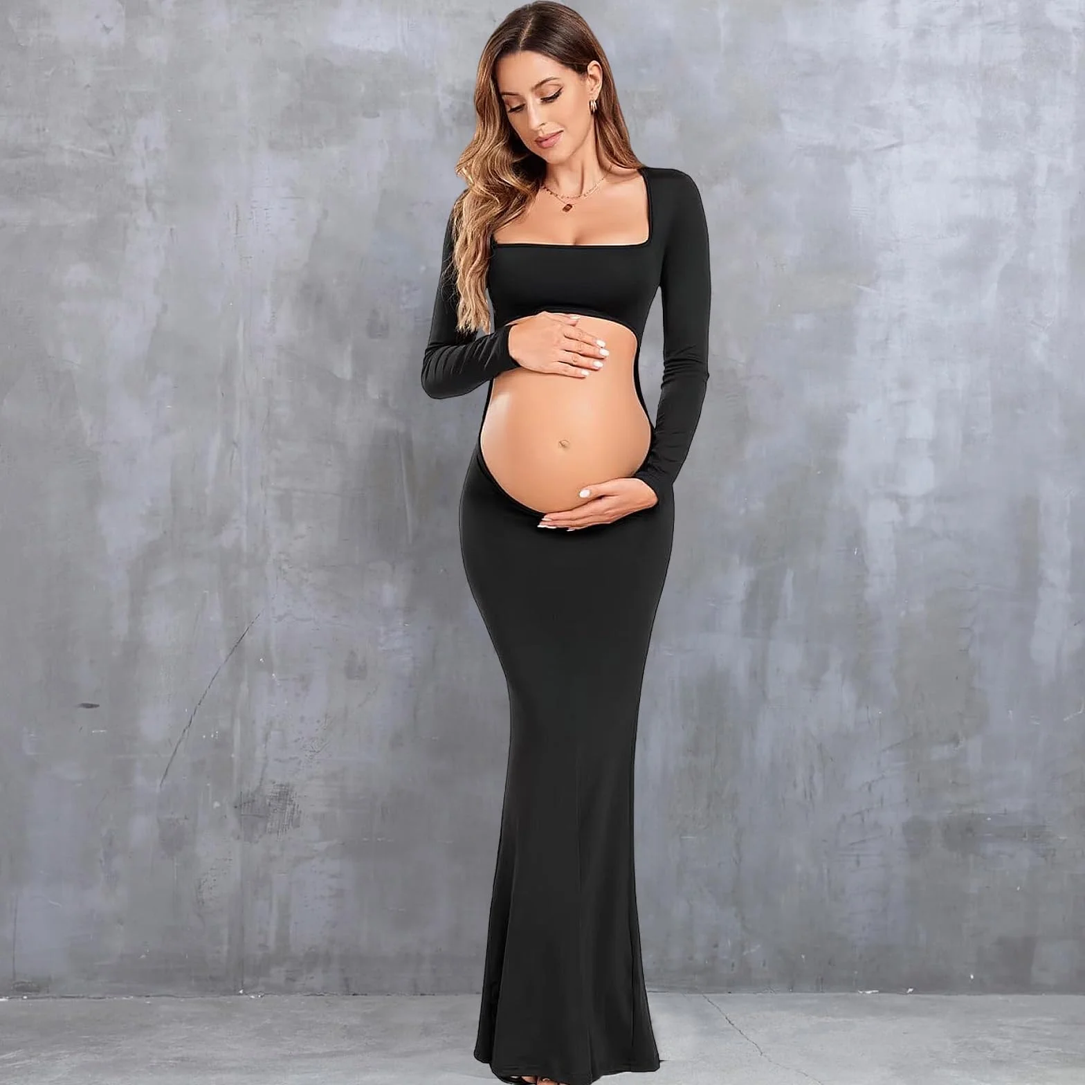 Abito di Premaman per la Fotografia Vestito di maternità Shooting Foto Vestito Maxi Hollow Maniche Lunghe Eleganti Abito Senza Schienale Abiti Lungo Gravidanza per Photoshoot