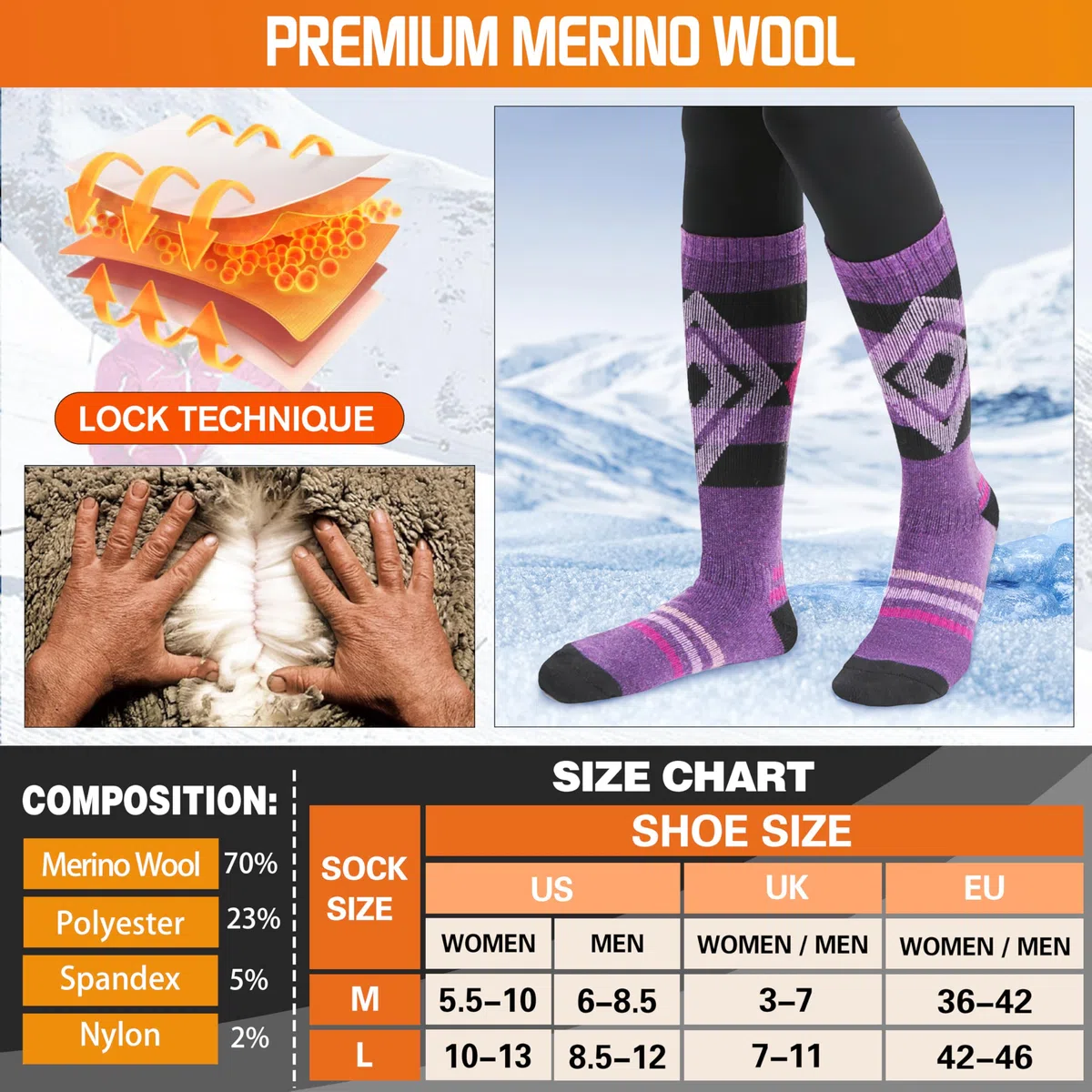 Welwoos Calze da sci lana merino, termiche, spesse, a compressione, traspiranti, in 3 paia.