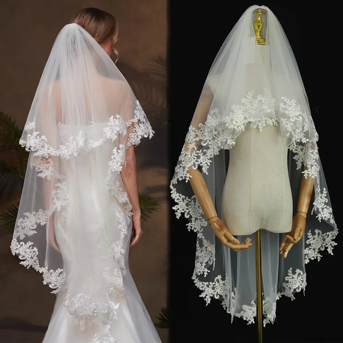 Velo da sposa in pizzo a 2 livelli con pettine in metallo