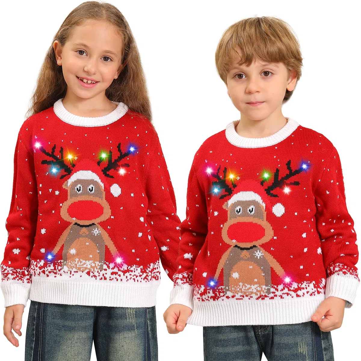 Maglione Natalizio Bambino con Luci, Maglioni Natalizi Bambini Divertenti, Girocollo Maglioncino Natalizio Famiglia Led Ugly Christmas Sweater,Brutti Maglioni di Natale per Bimbo/Bimba/Ragazza/Ragazzo