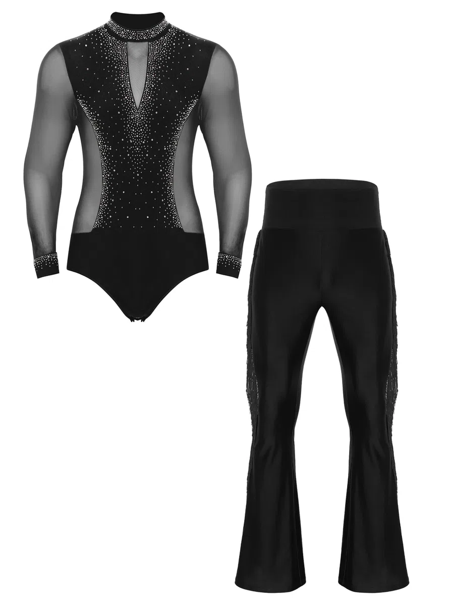 JEATHA Completo da Ballo Latino Uomo Camicia Body Danza Classica con Strass e Pantaloni a Zampa Nappe da Danza Moderna Tuta da Pattinaggio Artistico Salsa Rumba
