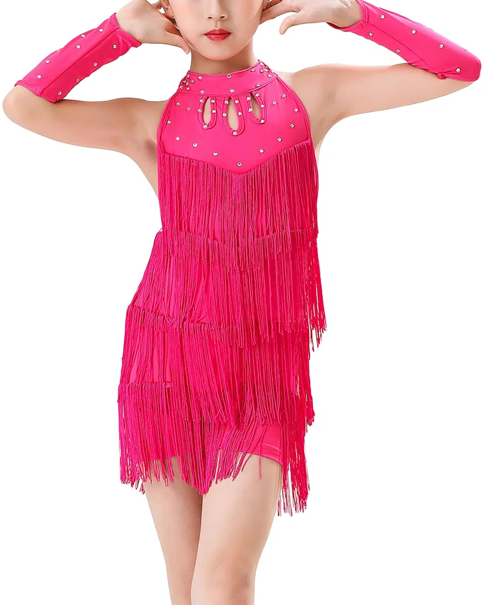 FEOYA Pantaloncini da ballo latino per bambine e ragazze, senza maniche, con paillettes lucide, abbigliamento da ballo per salsa, rumba, samba, jazz, moderno, con guanti, per bambini dai 3 ai 14 anni