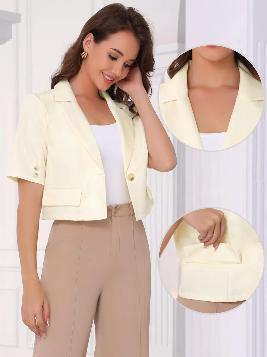 Allegra K Donna Blazer Corto da Lavoro Casual, A Maniche Corte, con Un Bottone
