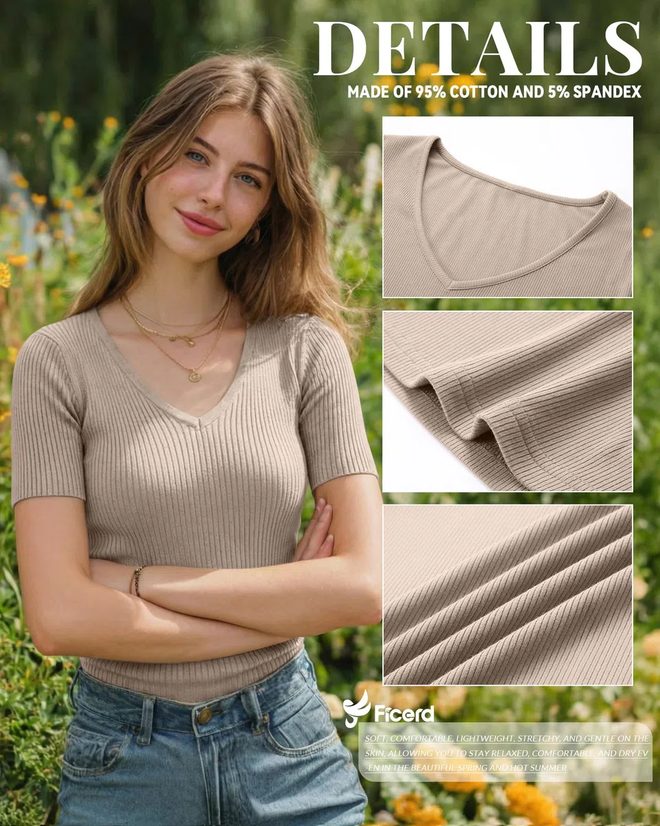 Ficerd Confezione da 3 T-Shirt da Donna in Cotone a Maniche Corte con Scollo a V e vestibilità Slim a Coste Maglietta Estiva