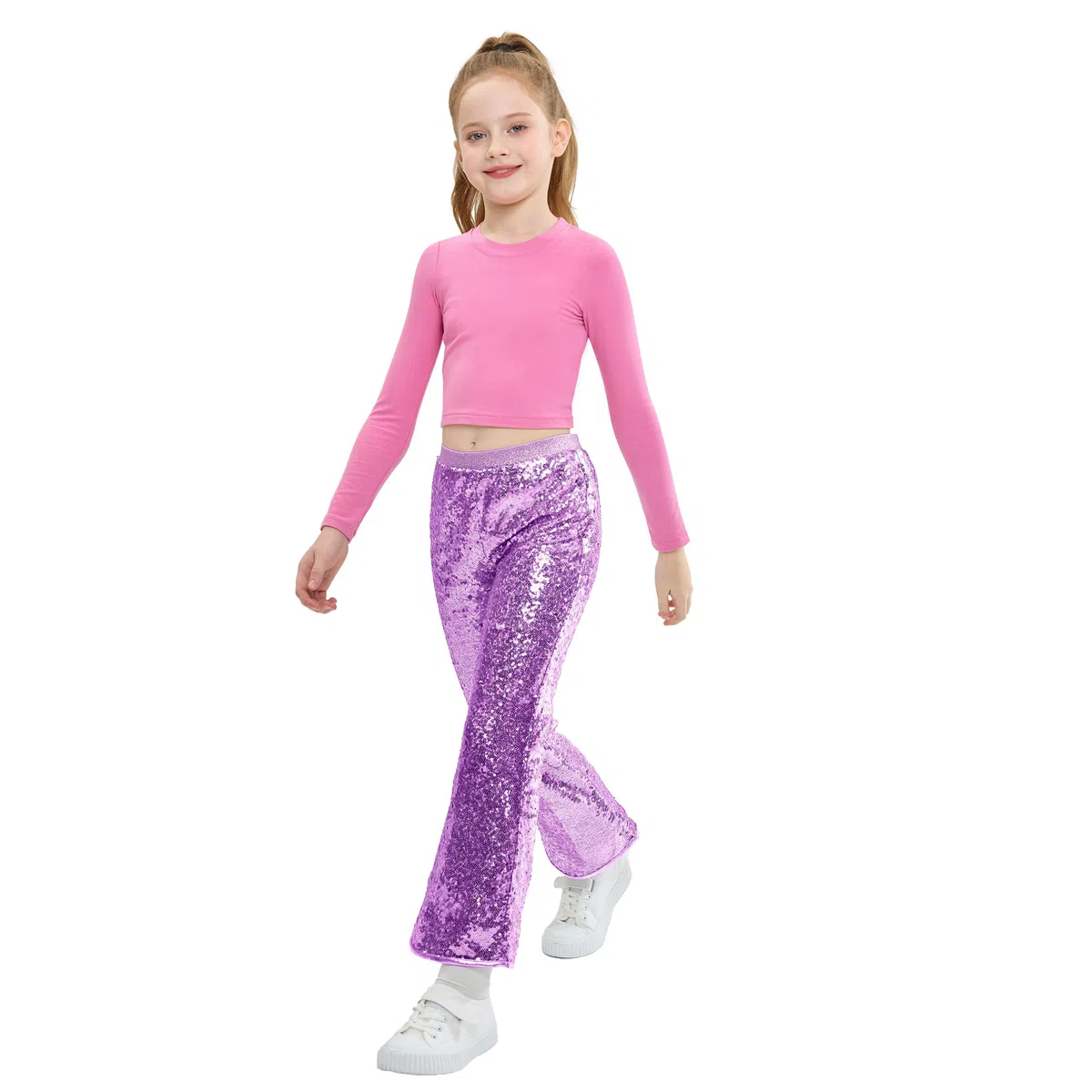 LOLANTA Pantaloni con Paillettes per Bambine, Pantaloni a Zampa d'elefante Scintillanti, Abbigliamento da Festa e Hip Hop