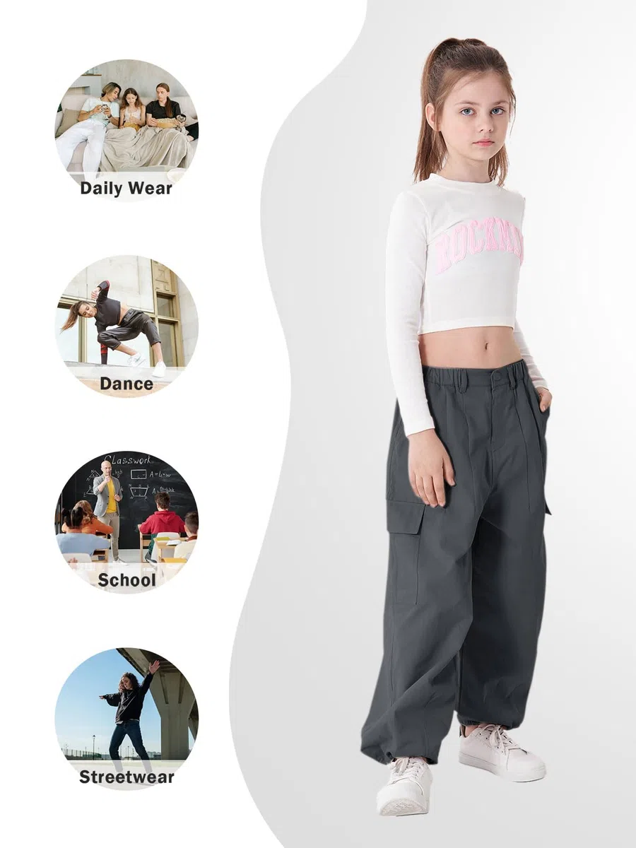 Rolanko Pantaloni Cargo da Ragazza, Pantaloni Larghi in Cotone con Vita Elasticizzata e Tasche Multiple per Bambini di 6-15 Anni