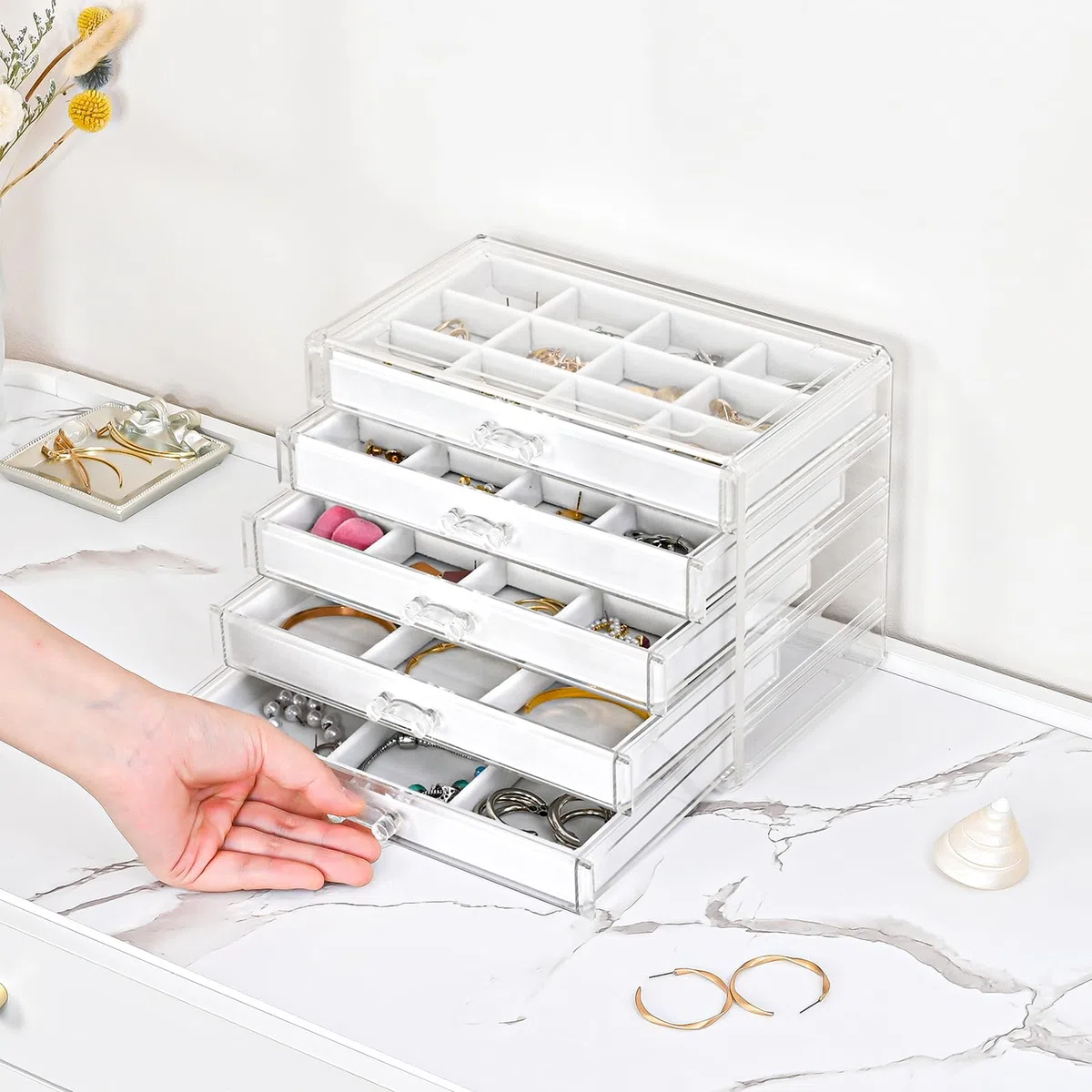 ProCase Organizer per gioielli in acrilico, trasparente per gioielli, con 5 cassetti, orecchini, collane, anelli, organizer per la casa -Bianco caldo