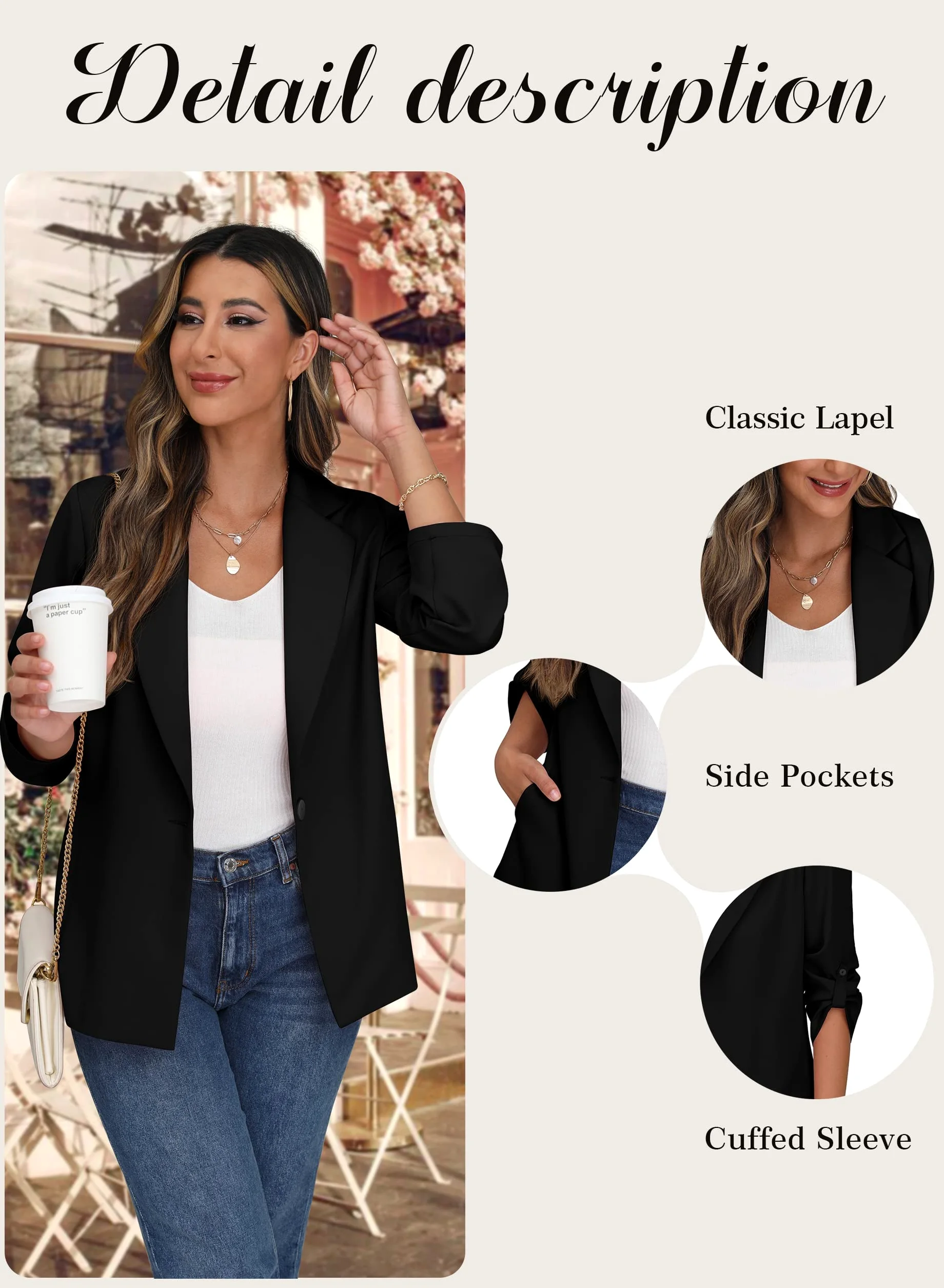 PrinStory Blazer da Donna Aperto sul Davanti, Cardigan con Maniche Regolabili, Giacca Blazer con Tasche con Bottoni