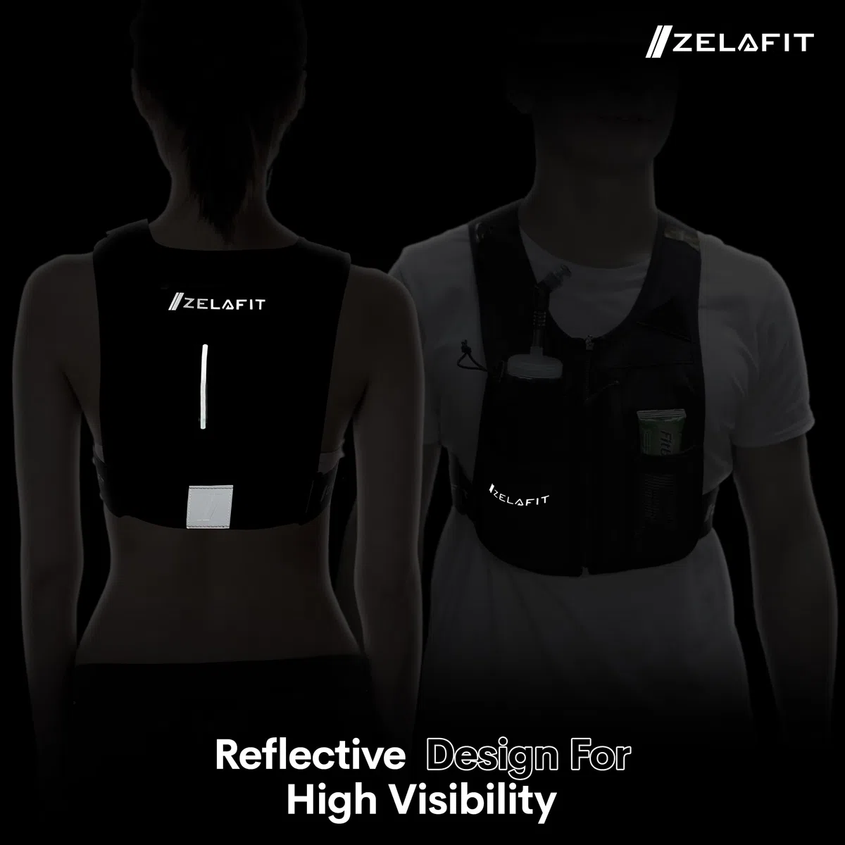 ZelaFit® Running Vest with Rechargeable LEDs & Micro USB Charging Cables, Water Bottle and Straw - Reflective Hydration Vest with 8 Pockets - Running Backpack Alternative in 2 Sizes - Men & Women