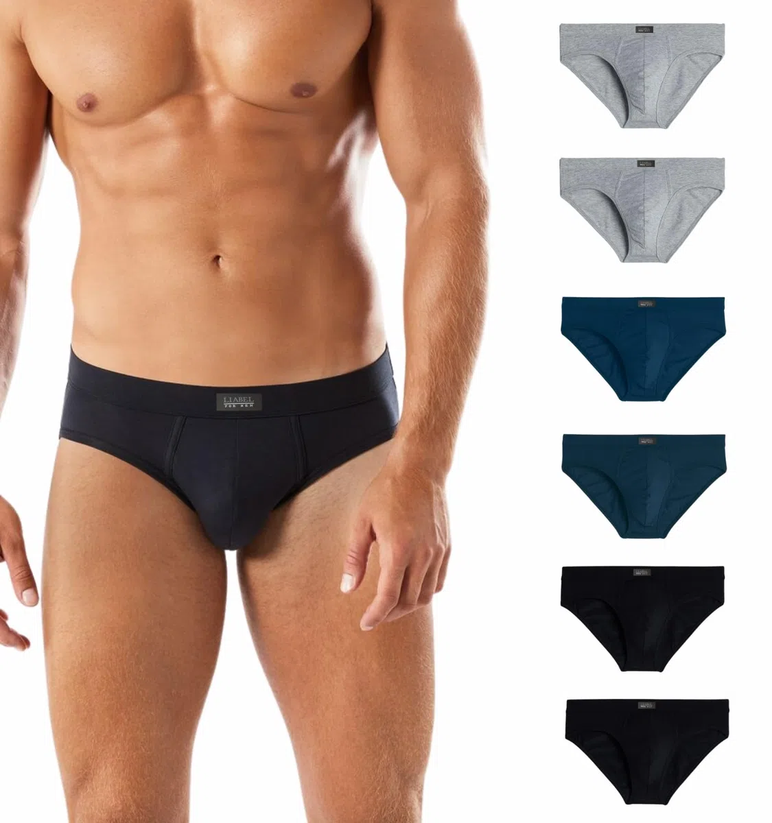 Liabel - Slip Uomo Cotone (Pacco da 6) Bielastico - Mutande Uomo in Cotone Elasticizzato - Intimo Mutande Uomo Colorate alla Moda Bianchi Neri Grigio LS2200