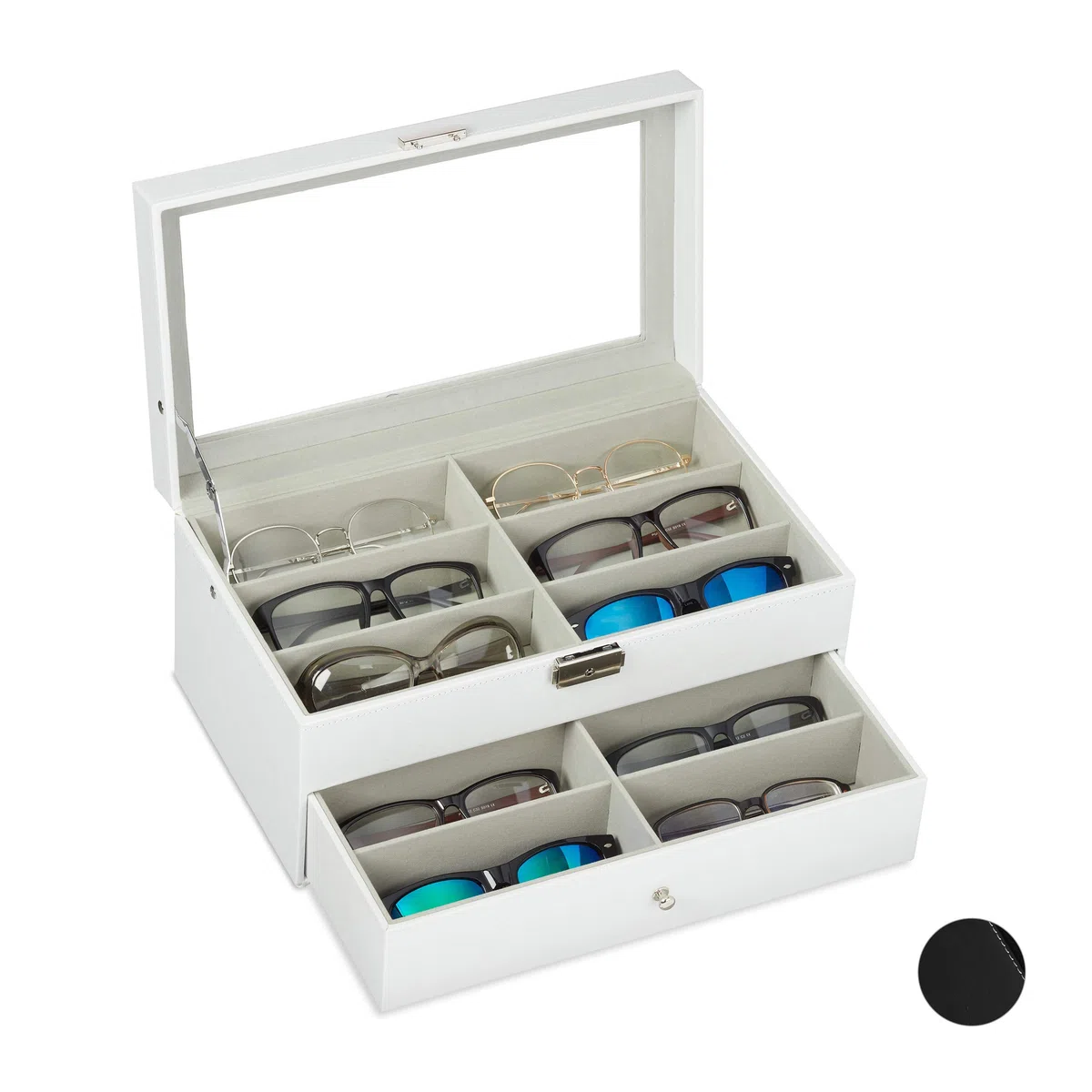Relaxdays Box for 12 Glasses, Sunglasses Storage Case, Faux Leather Crate