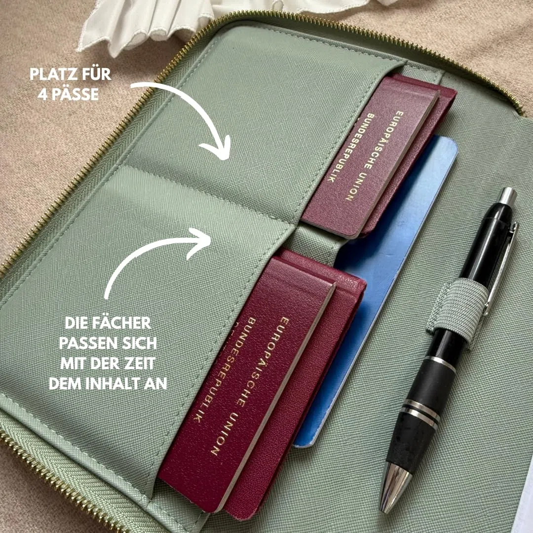 Organizer da viaggio e per famiglie, organizer per quaderni a U 3 in 1, con scomparto per passaporto e passaporto in ecopelle Saffiano, grigio/marrone, 24 cm, Classico