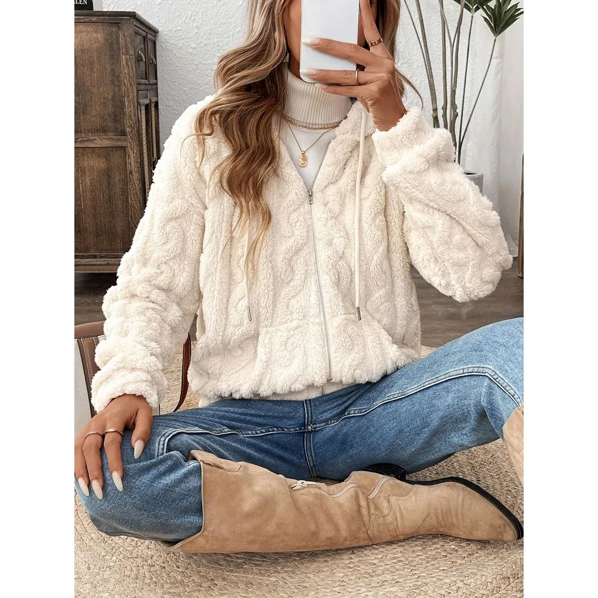 Yeenily Felpa Pile Donna con Zip Giacca Pile con Cappuccio Invernale Donna Giubbotto Invernale Felpa A Cappuccio con Tasca