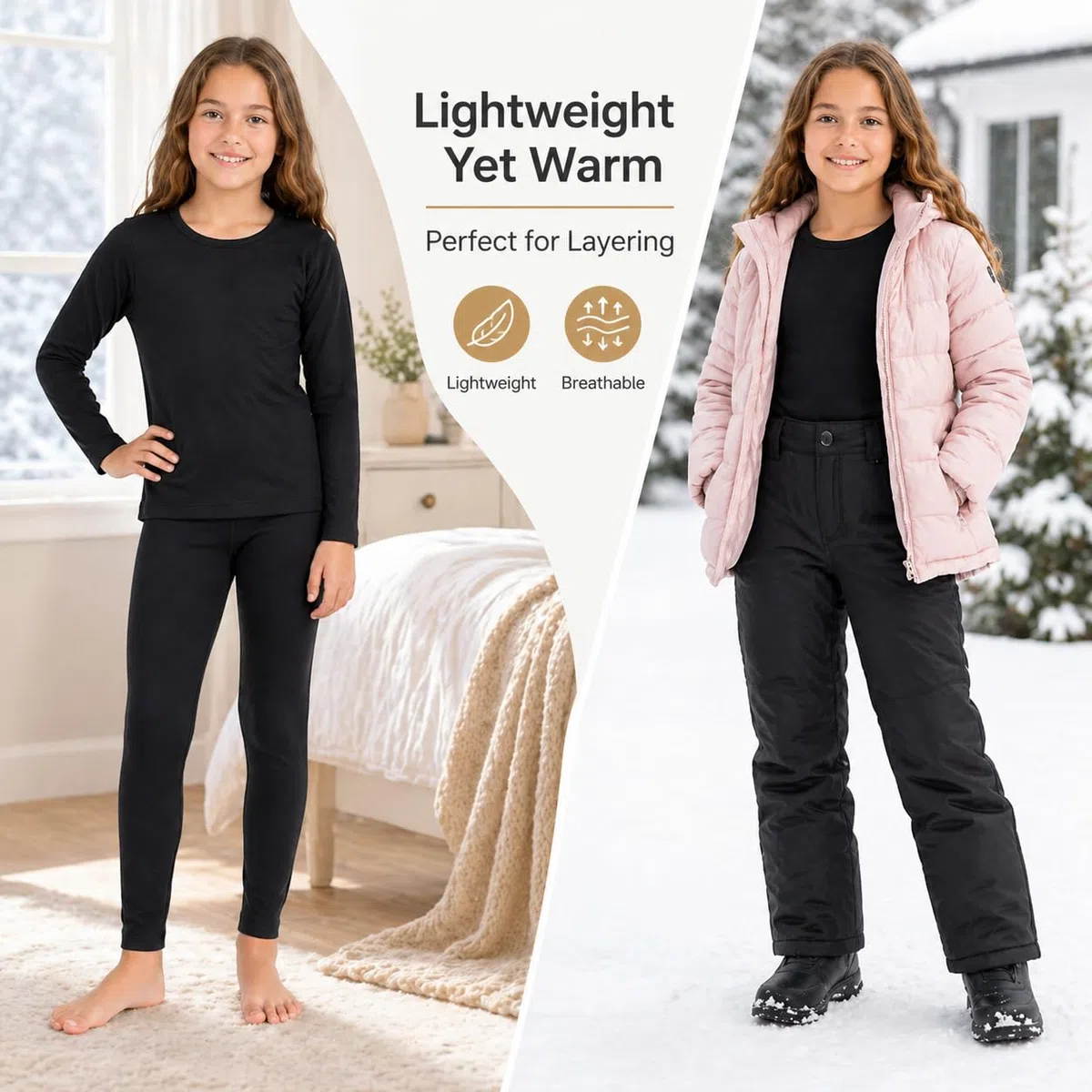 Completo Intimo Termico Bambina Invernale Maglia e Leggings Foderati in Pile, Caldo, Elasticizzato, Morbido e Traspirante (Nero, L)