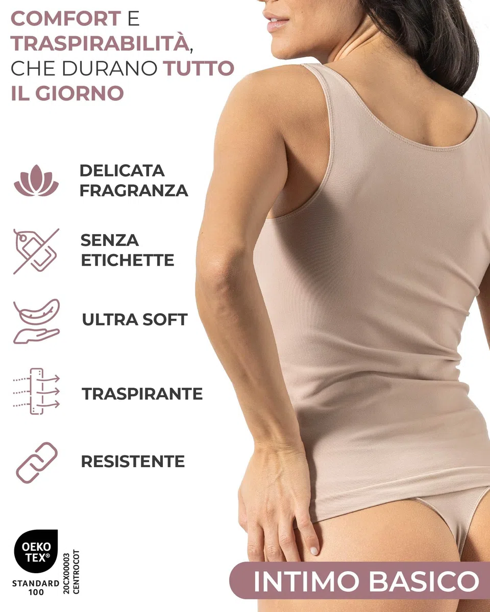 Risalti Canotta Donna Microfibra Spalla Larga 3 pz - Canottiera Donna Elegante Elasticizzata, Top Intimo Senza Cuciture ed Etichette più Morbido delle Canottiere Cotone, Caraco - Made in Italy