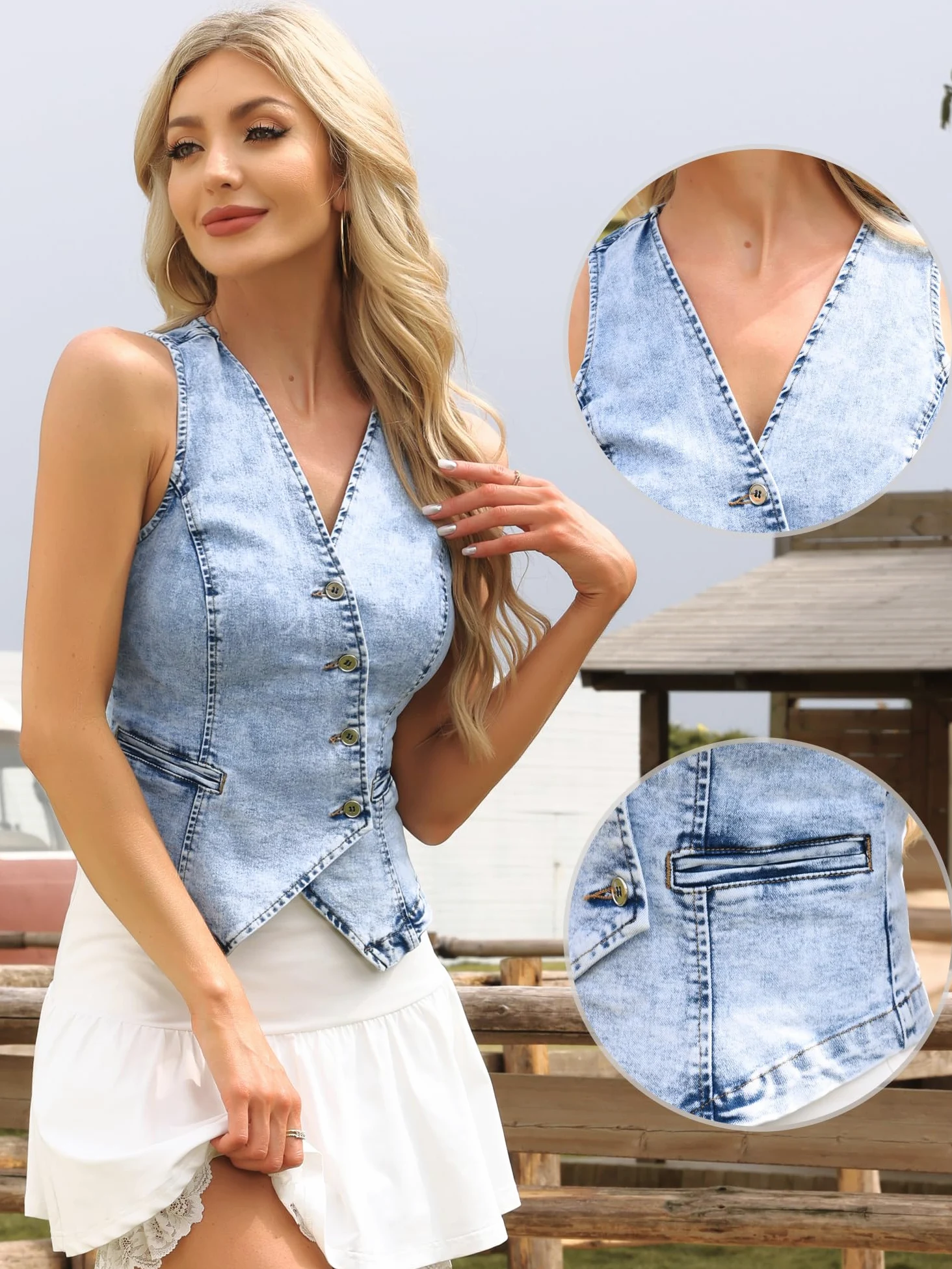 Allegra K Gilet Corto in Denim da Donna Senza Maniche e Scollo a V Stile Western Jeans Corti
