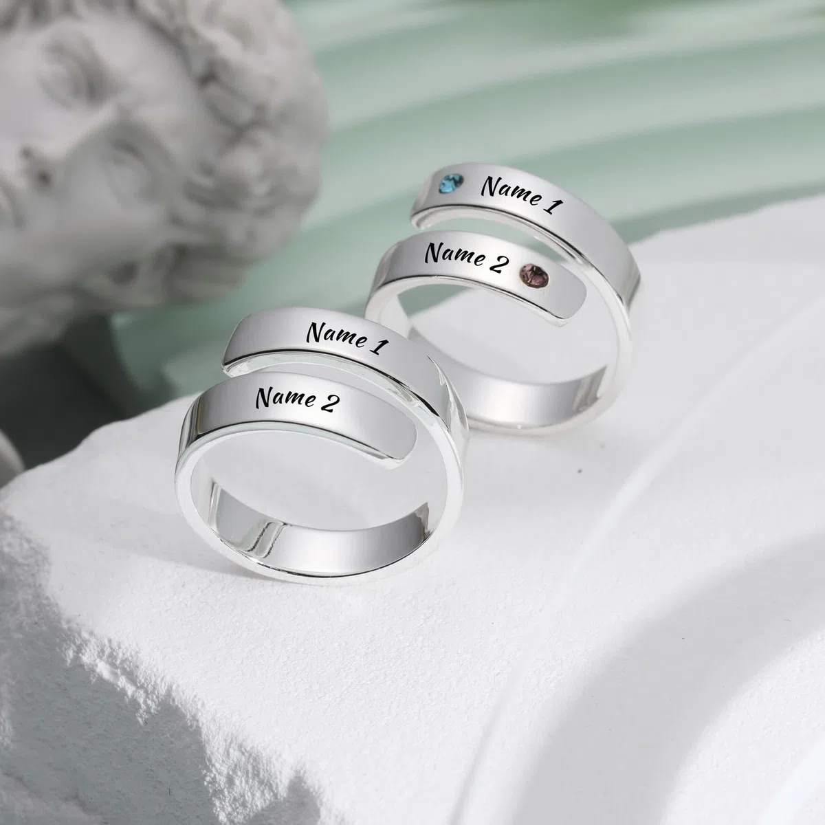 INBLUE Anello Personalizzato in Argento 925 a Spirale per Donna Incisione Nome/Data con Pietre di Nascita Fascia Aperta Regolabile Anello Promessa Regalo per Matrimonio Fidanzamento