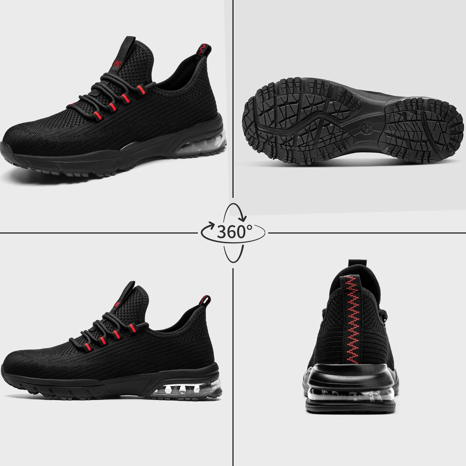 SPIEZ Scarpe Antinfortunistiche Unisex, Zapatillas da Lavoro Leggere con Punta Compositi, Antiscivolo e Ammortizzazione d'Aria, Nero/Rosso, EU 36-46