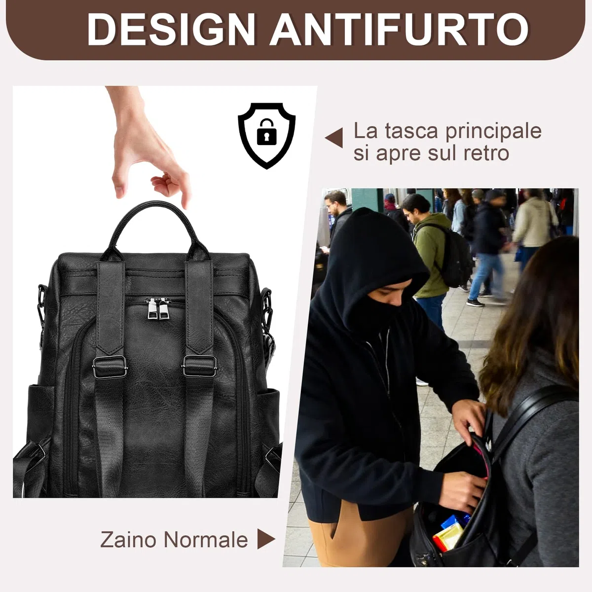 Eshow Zaino Donna Antifurto e Pochette Donna, Zainetto Impermeabile in Pelle Vegana, Borsa Casual ed Moda per Viaggio Scuola Lavoro Shopping e Università