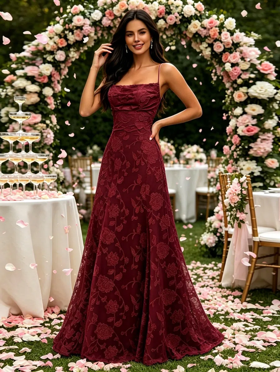 Generico Vestito da Dama d'Onore in Pizzo Jacquard Floreale, Abito Lungo Senza Maniche con Schiena Scoperta e Lacci per Matrimonio e Ballo