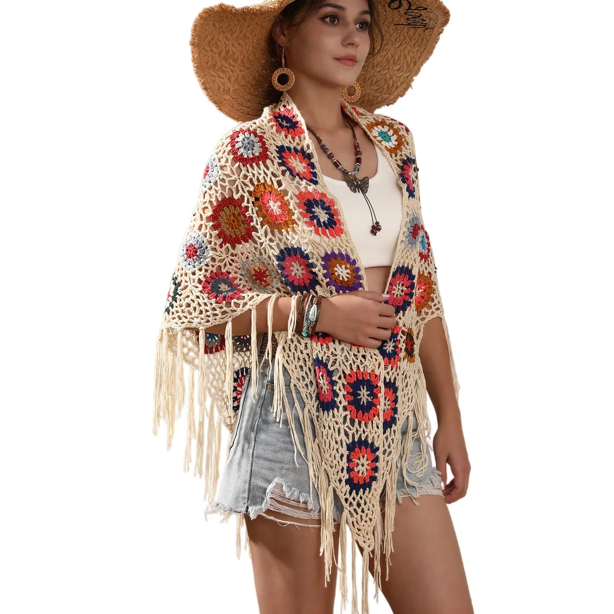 Poncho fatto a mano all'uncinetto con frange mantello scialli avvolge nonna quadrato donna cappotto maglione