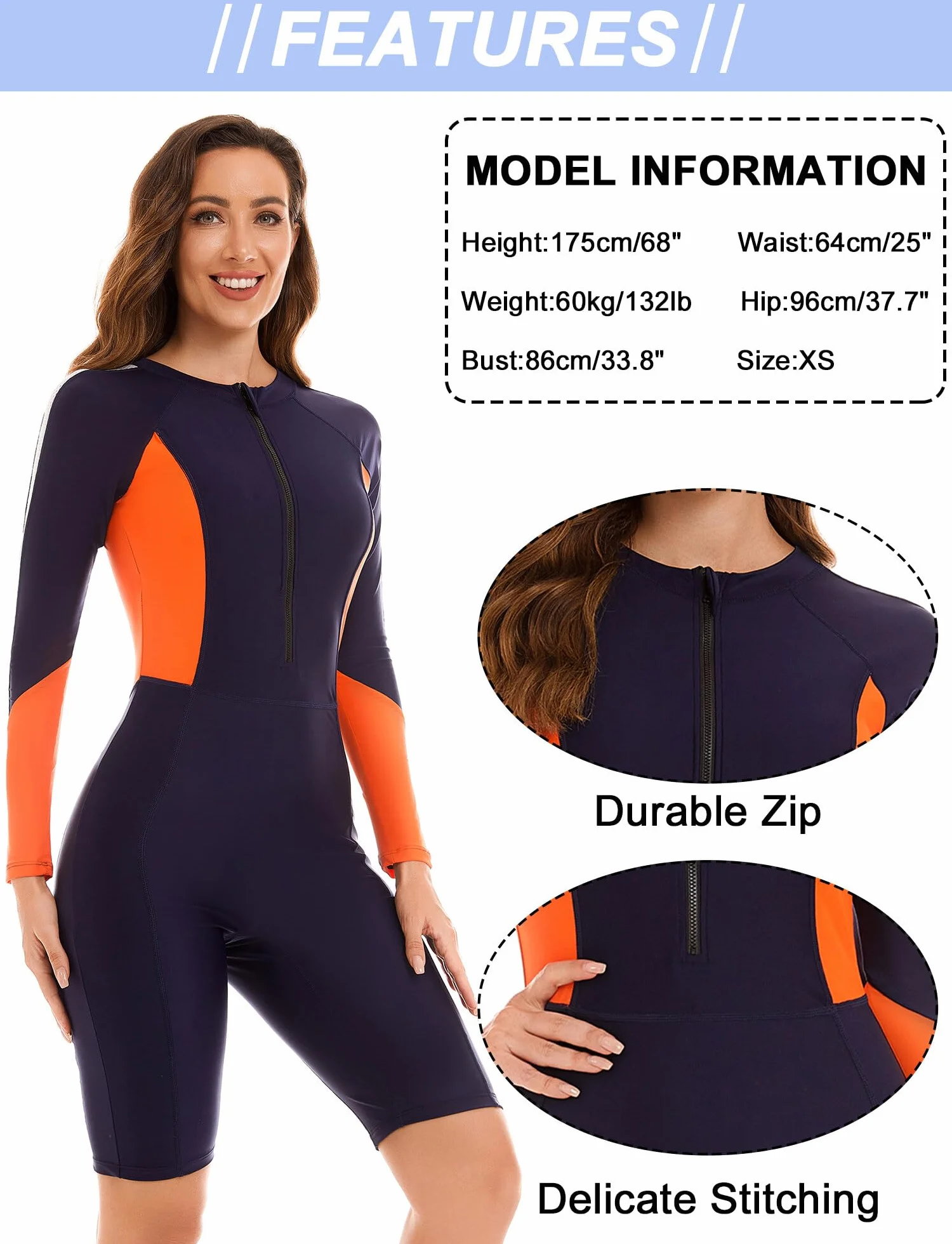 SEAUR Rash Guard Costume da bagno da donna a maniche lunghe, con gamba UPF 50+, protezione UV, slim fit, chiusura lampo, costume da bagno One Piece