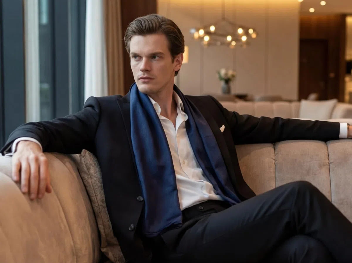 Sciarpa da Uomo 100% Seta Chiffon 180 x 80 cm Tinta Unita per Abito Blu Scuro, Panno di Seta Stola Business Style Regalo per Lui, Bianco