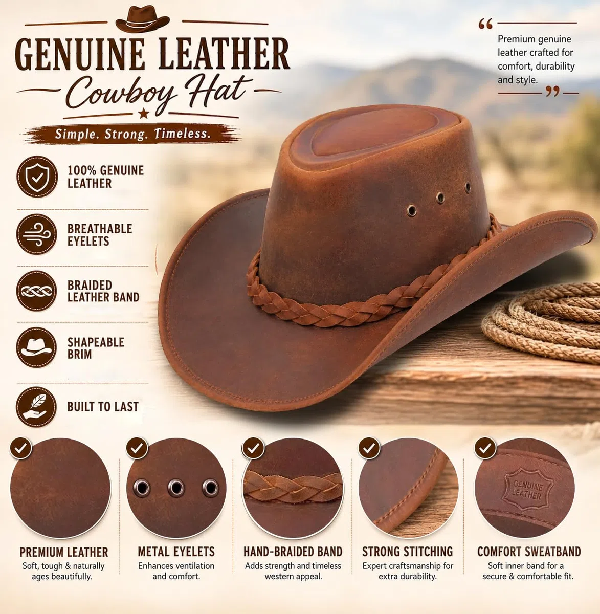 Pamposh Cappello da cowboy donna uomo vera pelle stile occidentale tesa larga cappello da cowgirl modellabile leggero fatto a mano durevole cappello bush