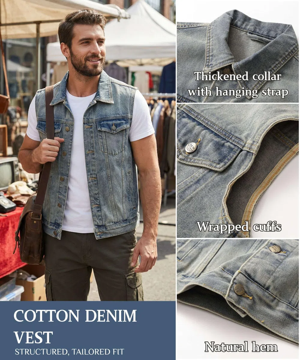 Uomo Retro Vintage Denim Gilet Cotone Jeans Capispalla Smanicato di Jeans da Moto Casual Cowboy Gilet Multi Tasca Punk Gilets