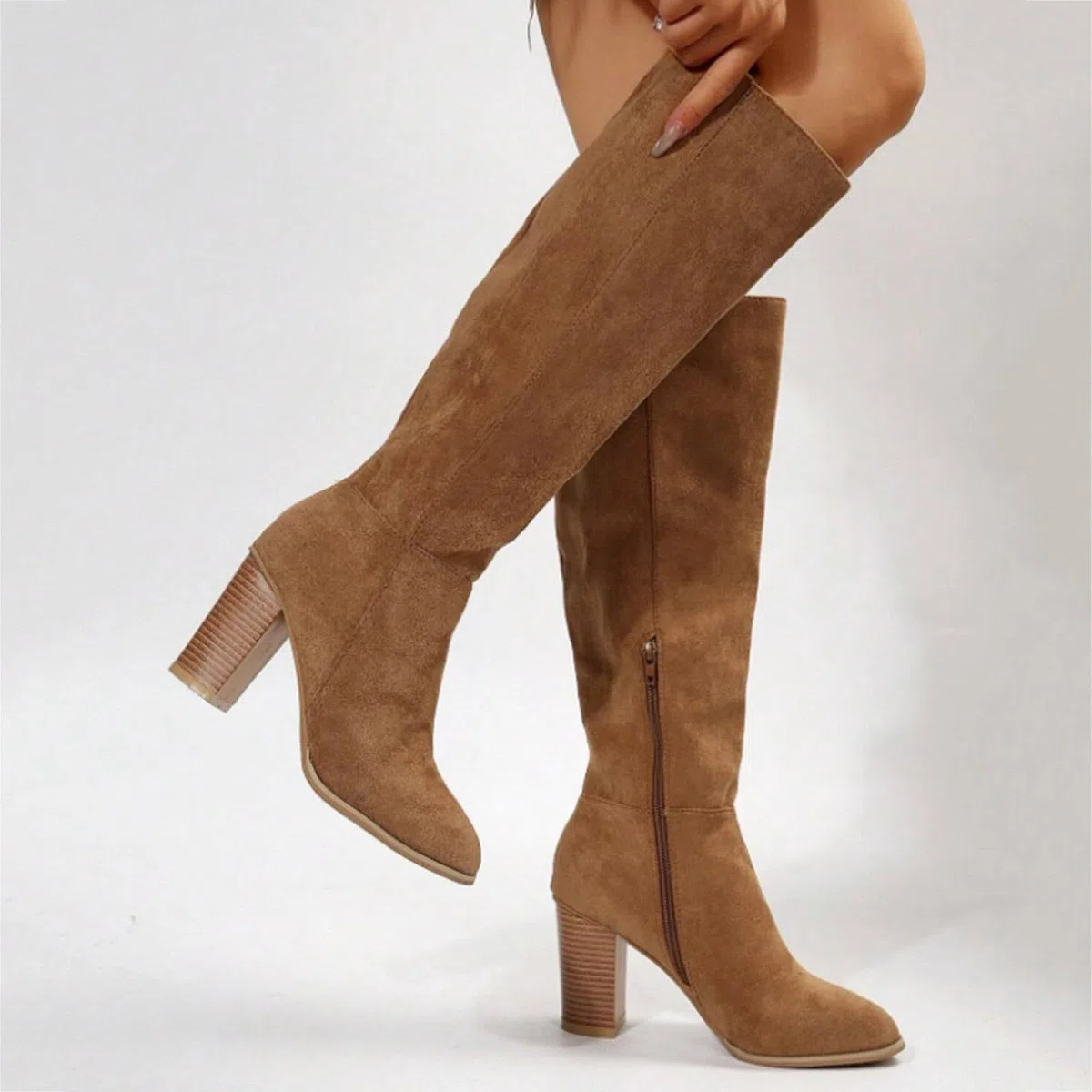 Stivali larghi da donna Slouchy con tacco a gambo lungo, stivali alti da cowboy, stivali da donna in pelle scamosciata