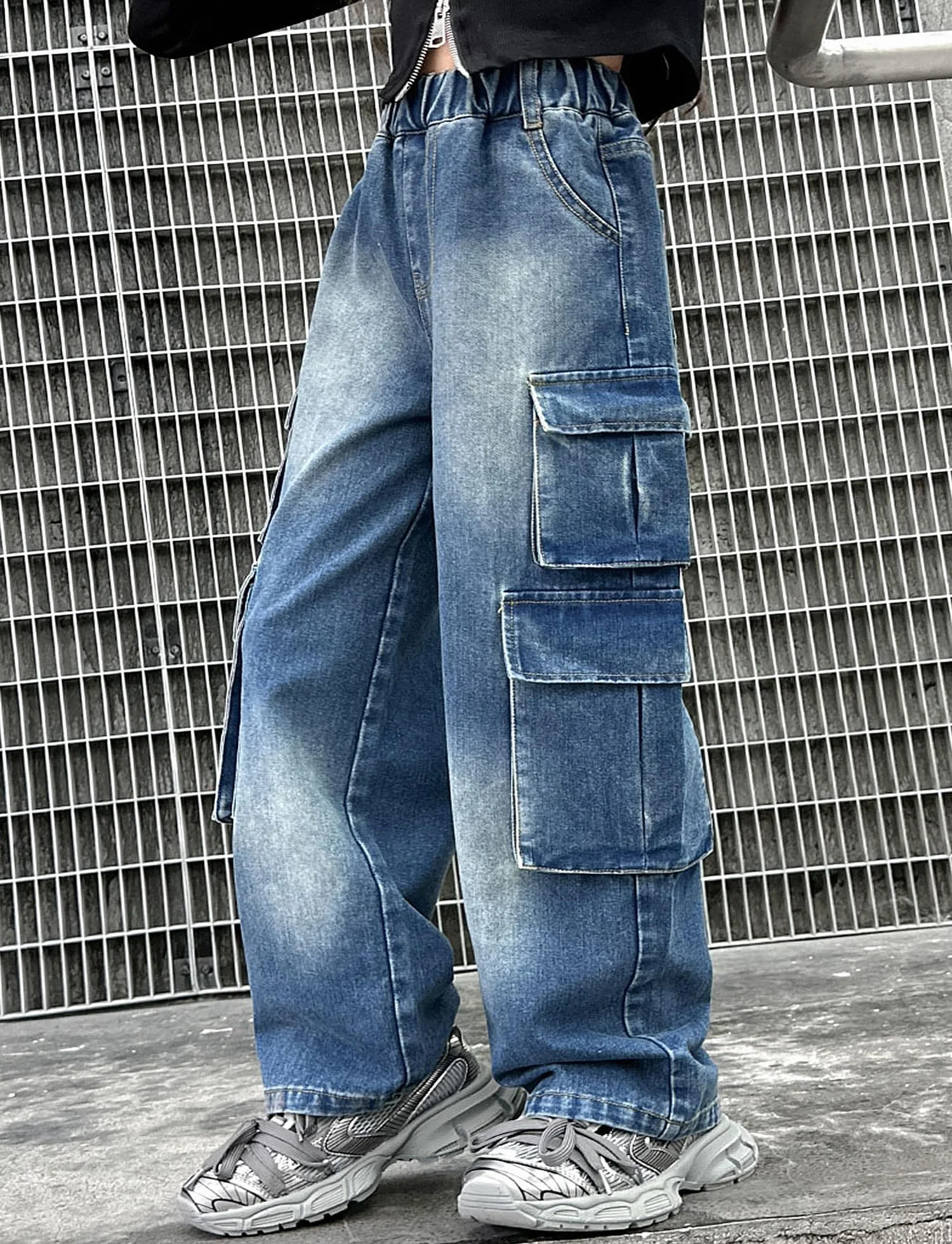 SEAUR Jeans da ragazza Baggy Cargo Multi Tasche Pantaloni cargo Y2K Hip Hop Streetwear per il tempo libero per bambini Jeans elastico in vita – 120 – 170 = (EU 110 – 164)