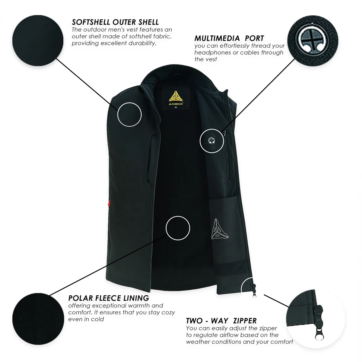 Ambick Kayz Gilet sportivo da uomo softshell outdoor antivento foderato in pile con tasche con cerniera, gilet da corsa senza maniche ideale per viaggi, golf, corsa, escursionismo