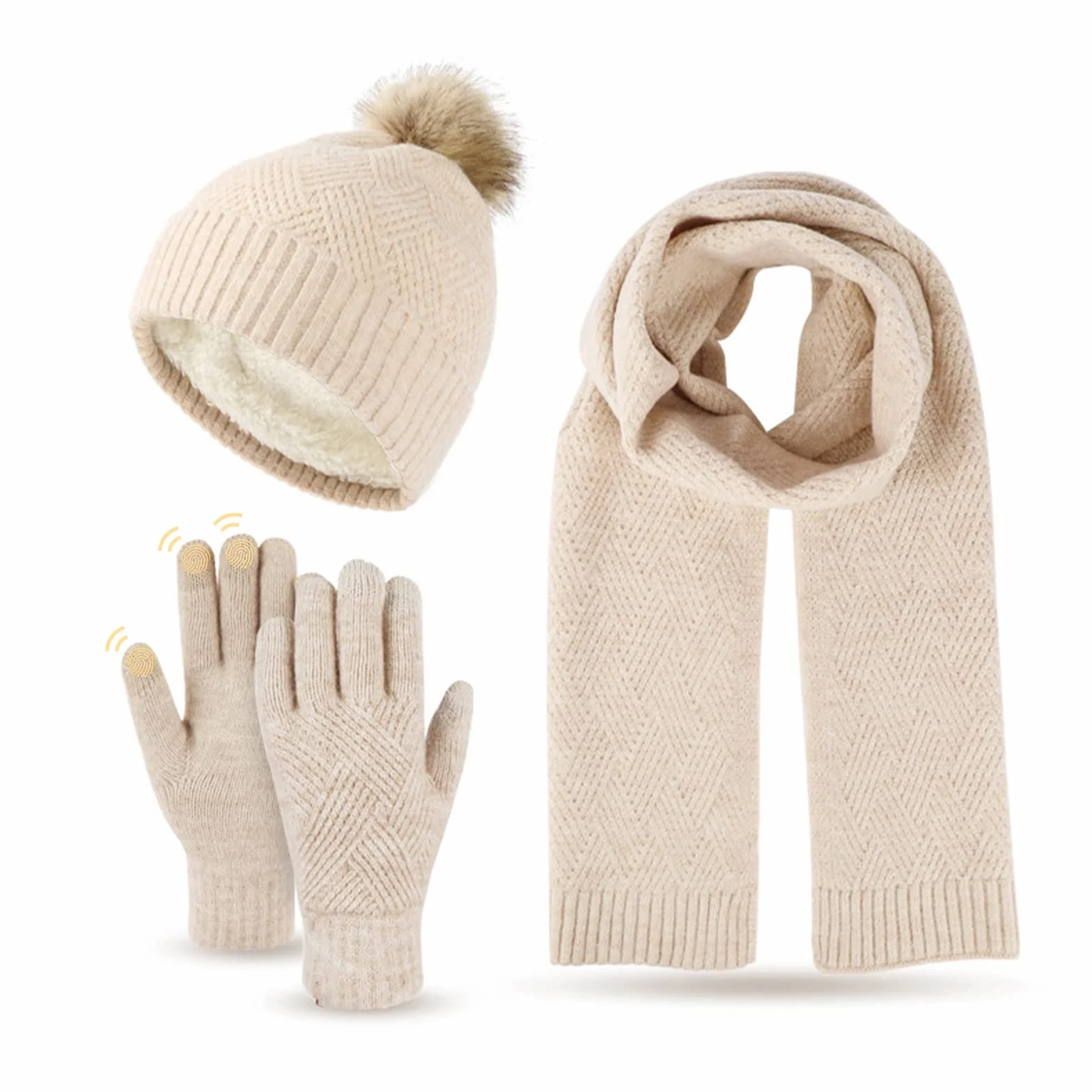 WingFly Donna Cappello con Pompom Sciarpa e Guanti Touch Screen Unisex Invernali Berretto in Maglia con Sciarpa Beanie 3 Pezzi Regalo Natale per Uomo Donna