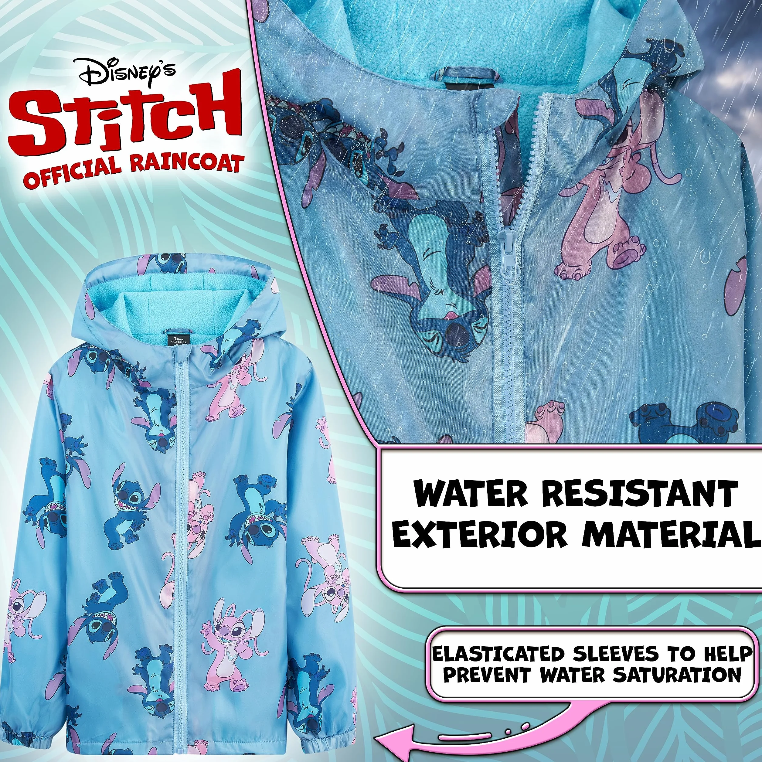 Disney Stitch Impermeabile Bambina - Giacca Antipioggia per Bambine e Ragazze 4-14 Anni Giacca Bimba con Rivestimento in Pile Abbigliamento Bambina Angel Stitch