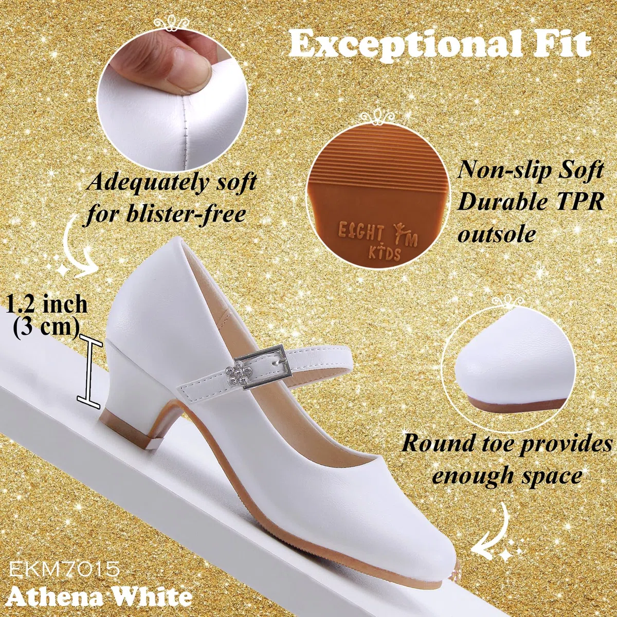 EIGHT KM Scarpe con Tacco Principessa Eleganti Lucente Comunione Cerimonia Ballerine Bambina Tacchi Ragazza EKM7015 Pelle Microfibra Athena Bianco