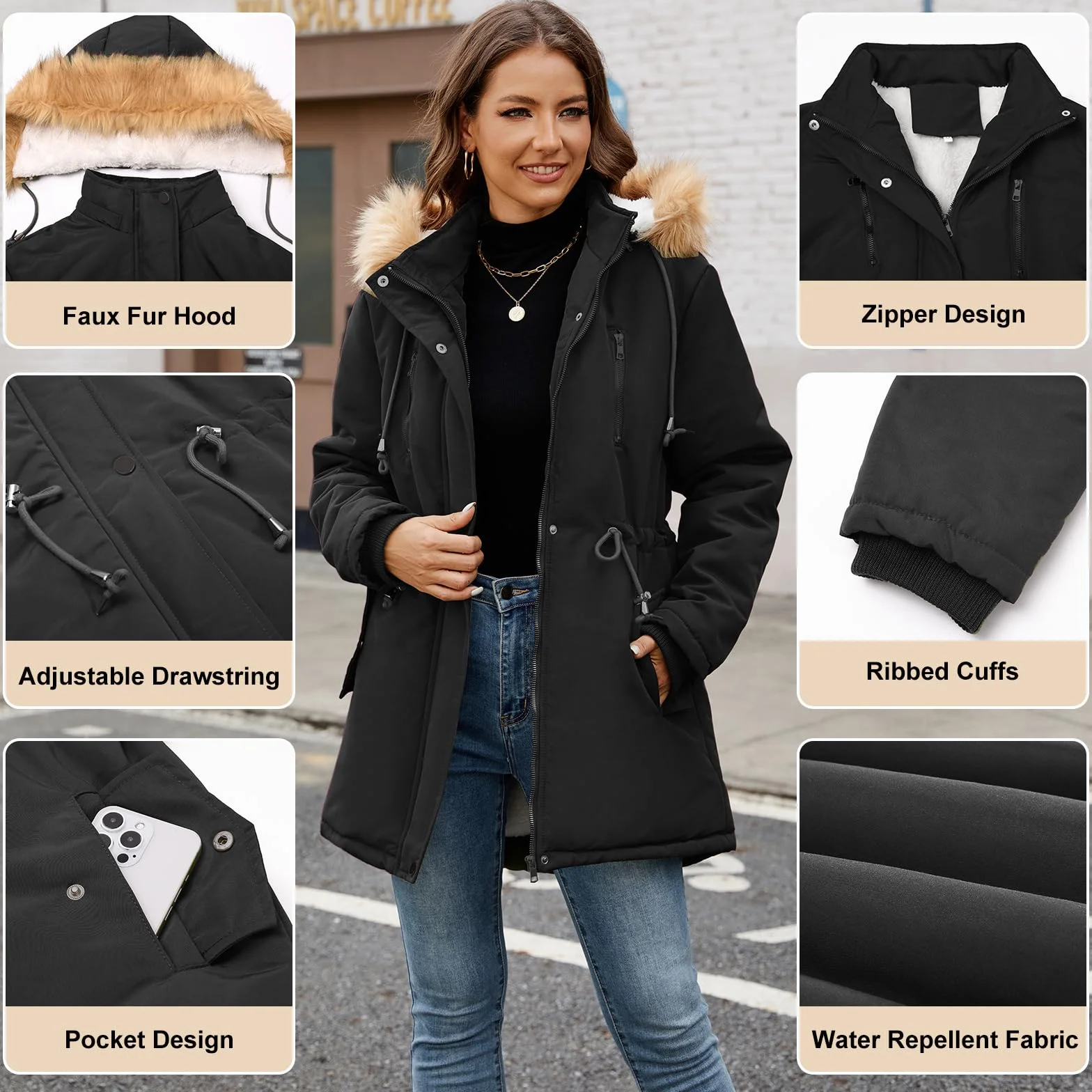 Nadeer Parka Donna Cappotti Invernali Foderato in Pile Giacca con Cappuccio in Pelliccia Sintetica Cappotto Imbottito Giubbotto con Tasche