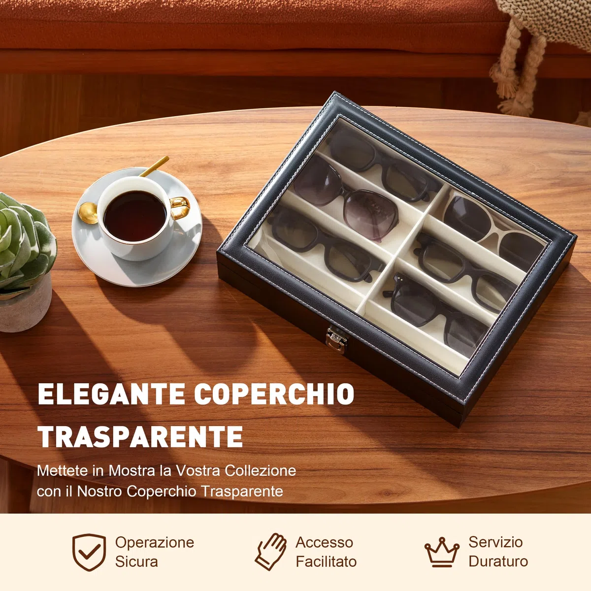 CO-Z Scatola per Occhiali da Sole in Pelle Cassettiera per Conservare e Montare Occhiali/Orologi/Gioielli/Occhiali Scatola Portaoggetti 8 Scomparti (Nero)