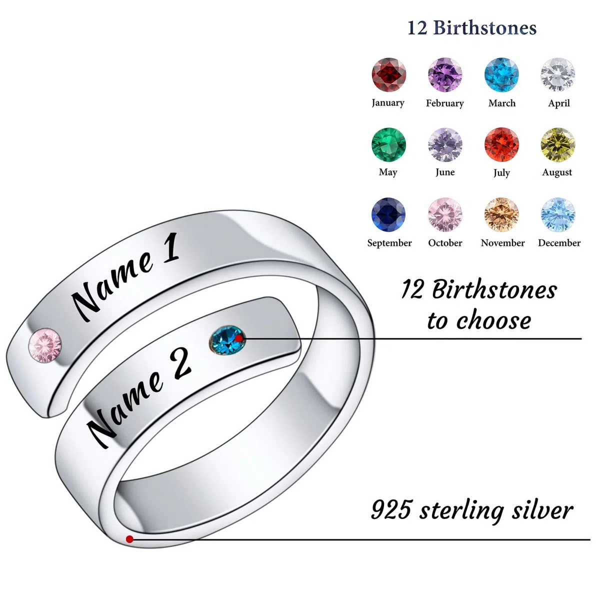 INBLUE Anello Personalizzato in Argento 925 a Spirale per Donna Incisione Nome/Data con Pietre di Nascita Fascia Aperta Regolabile Anello Promessa Regalo per Matrimonio Fidanzamento