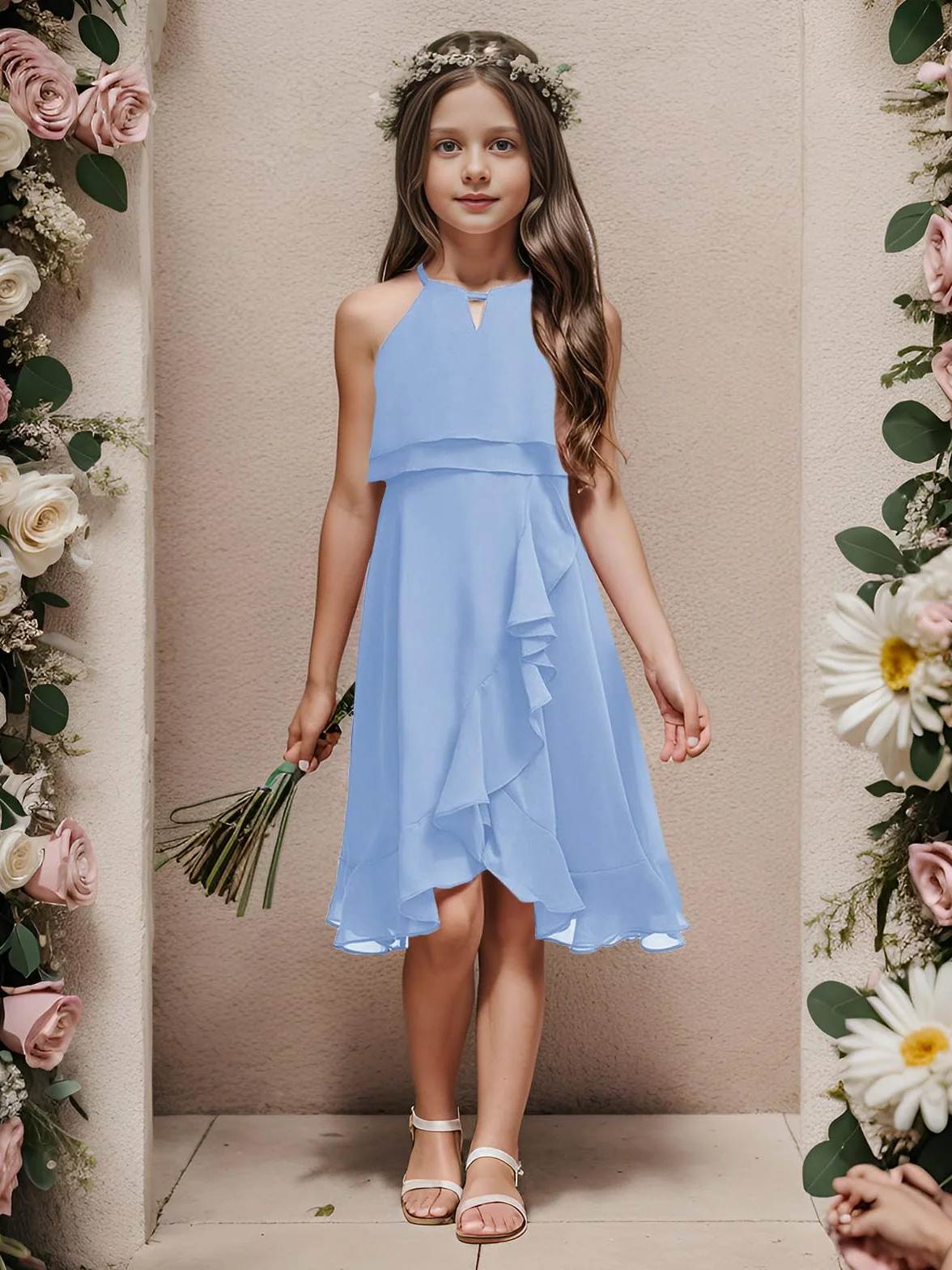 Haloumoning Vestito estivo da ragazza, senza maniche, da principessa, per feste, damigelle, ballo, matrimonio, damigella d'onore